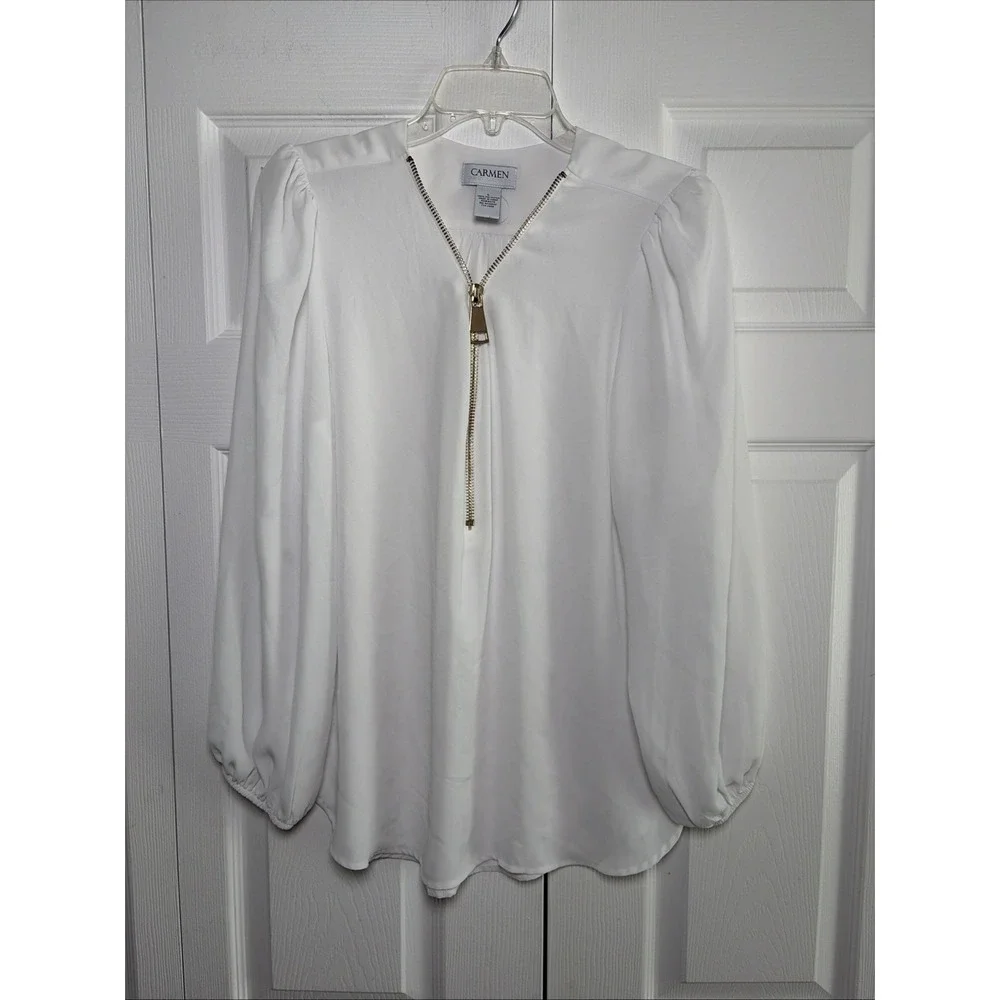 Carmen Marc Valvo Half Zip Blouse Womens Size L White Gold Zipper Top Office - Picture 1 of 5